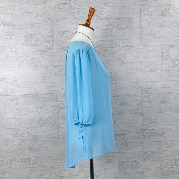 Blue 3/4 sleeve silky tunic blouse with keyhole / peasant / career work business - Picture 2 of 5